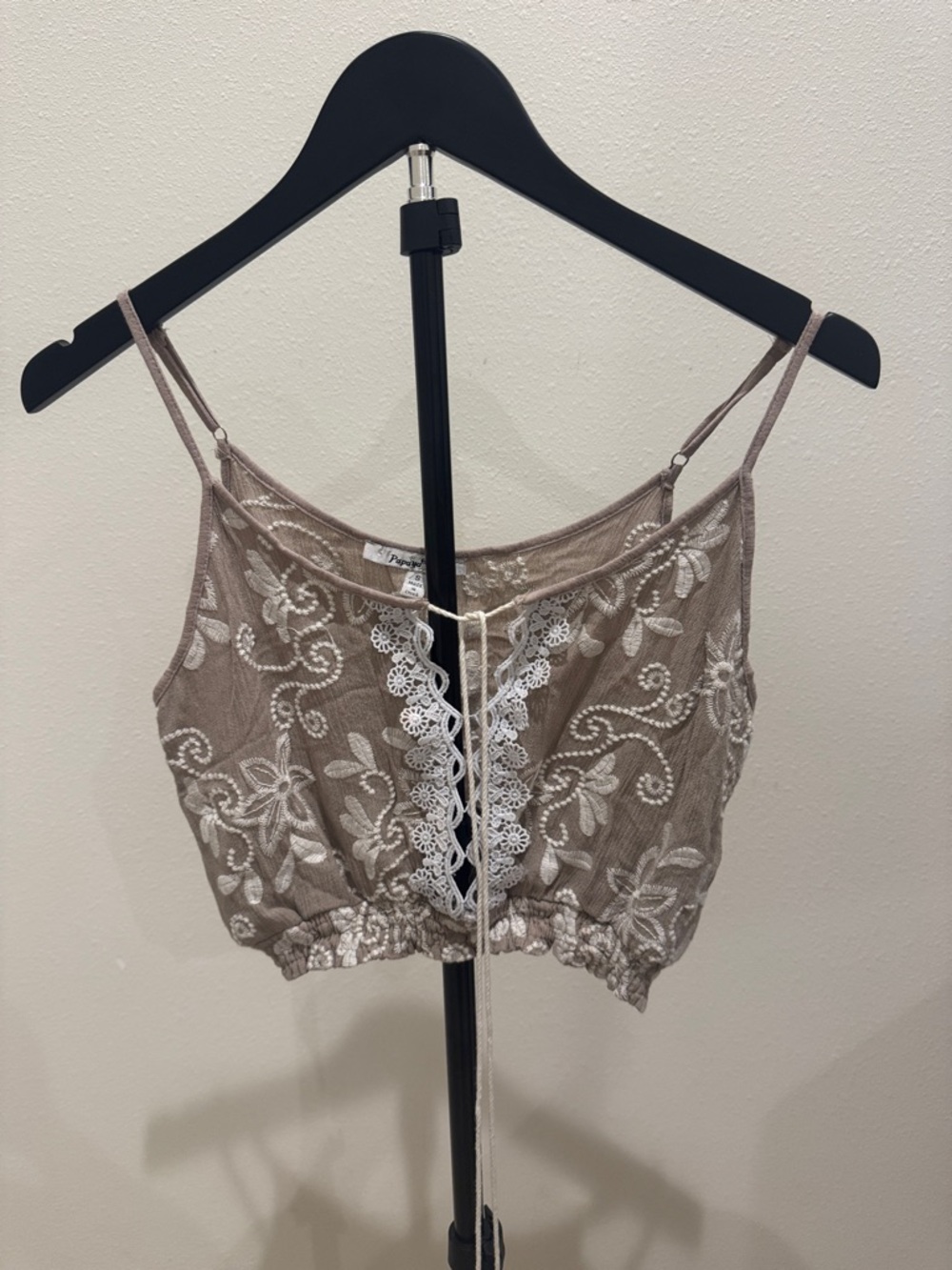 Papaya Beige Embroidered Crop Cami with White Lace Trim